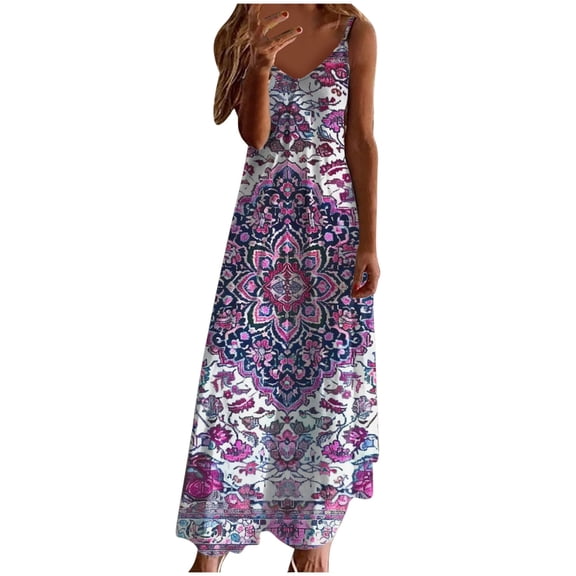 Generic Women's Summer Maxi Dress Casual V-Neck Sleeveless Bohemian Spaghetti Strap Floral Long Maxi Dress