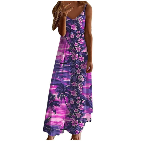 Generic Women's Summer Maxi Dress Casual V-Neck Sleeveless Bohemian Spaghetti Strap Floral Long Maxi Dress