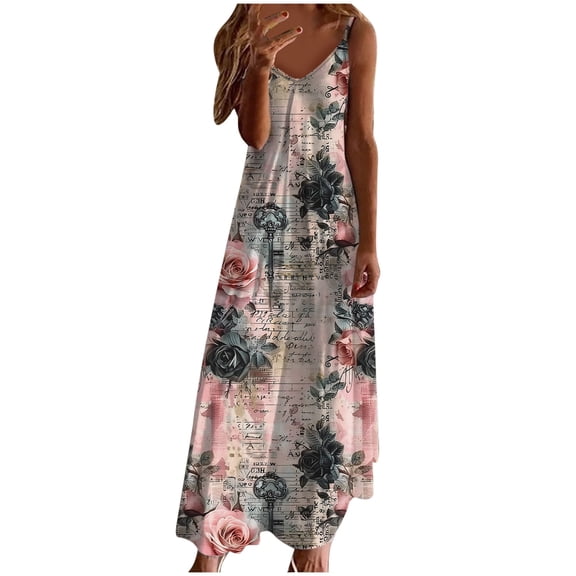 Generic Women's Summer Maxi Dress Casual V-Neck Sleeveless Bohemian Spaghetti Strap Floral Long Maxi Dress