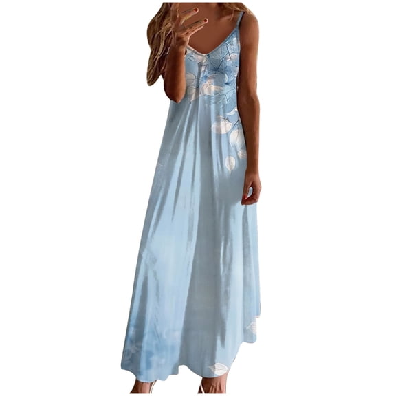 Generic Women's Summer Maxi Dress Casual V-Neck Sleeveless Bohemian Spaghetti Strap Floral Long Maxi Dress