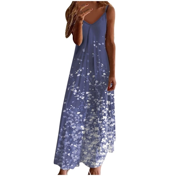 Generic Women's Summer Maxi Dress Casual V-Neck Sleeveless Bohemian Spaghetti Strap Floral Long Maxi Dress