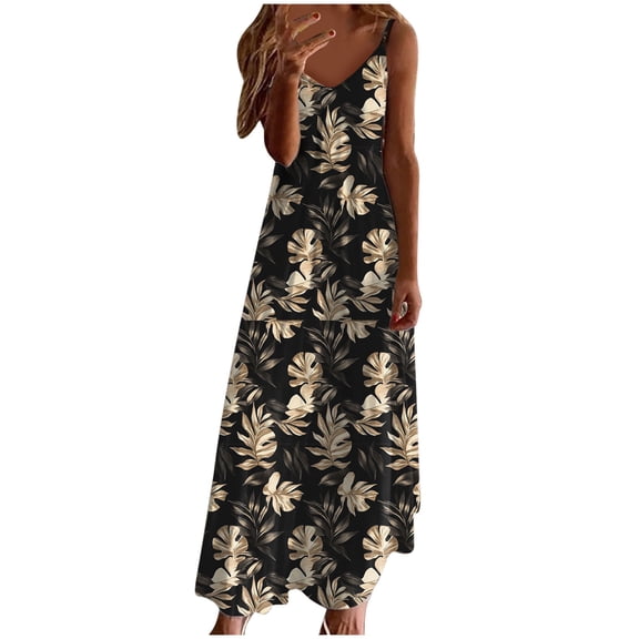 Generic Women's Summer Maxi Dress Casual V-Neck Sleeveless Bohemian Spaghetti Strap Floral Long Maxi Dress