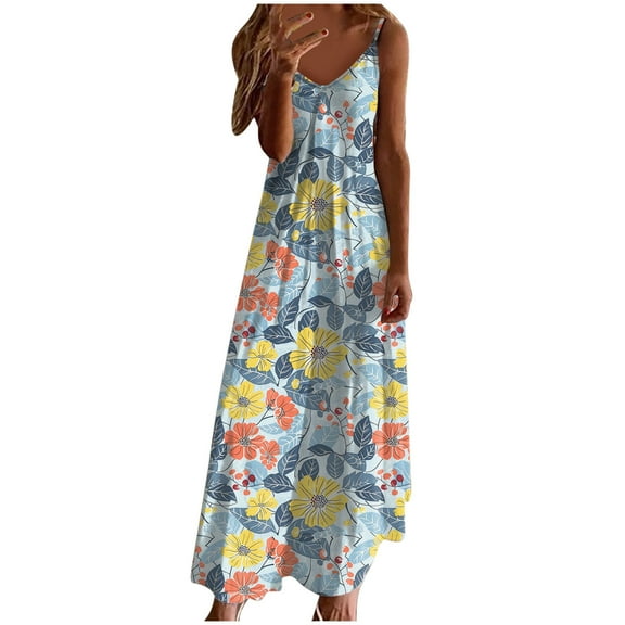 Generic Women's Summer Maxi Dress Casual V-Neck Sleeveless Bohemian Spaghetti Strap Floral Long Maxi Dress