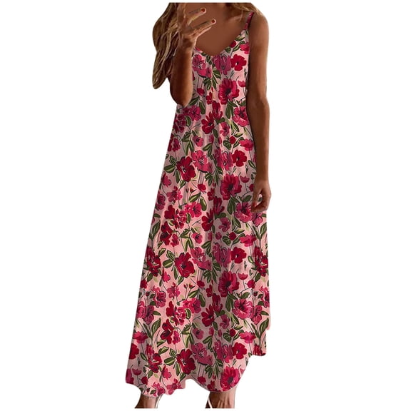 Generic Women's Summer Maxi Dress Casual V-Neck Sleeveless Bohemian Spaghetti Strap Floral Long Maxi Dress