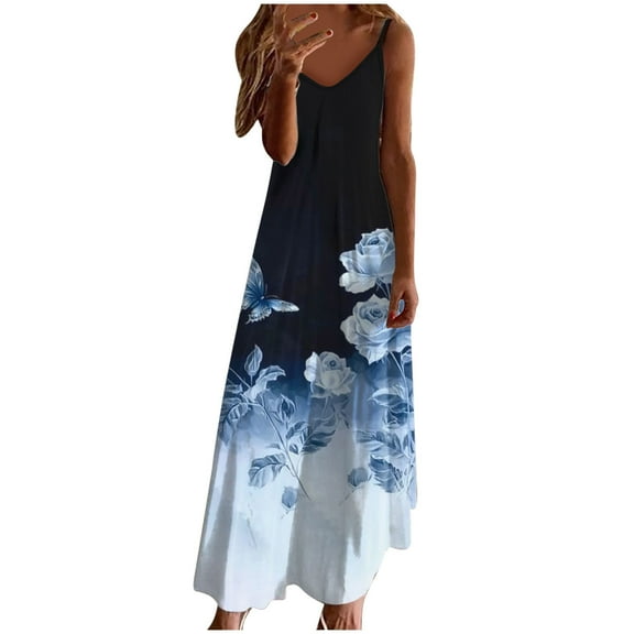Generic Women's Summer Maxi Dress Casual V-Neck Sleeveless Bohemian Spaghetti Strap Floral Long Maxi Dress