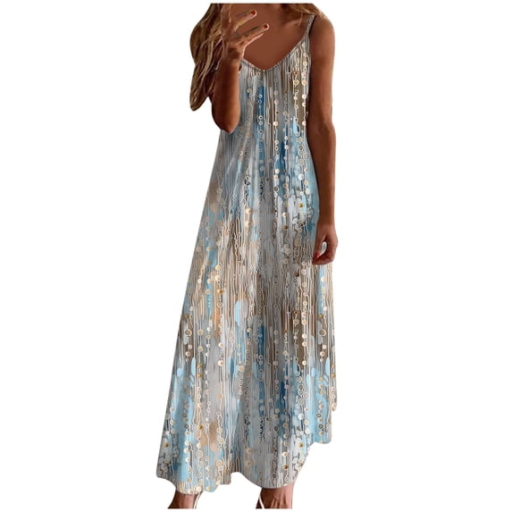 Generic Women's Summer Maxi Dress Casual V-Neck Sleeveless Bohemian Spaghetti Strap Floral Long Maxi Dress