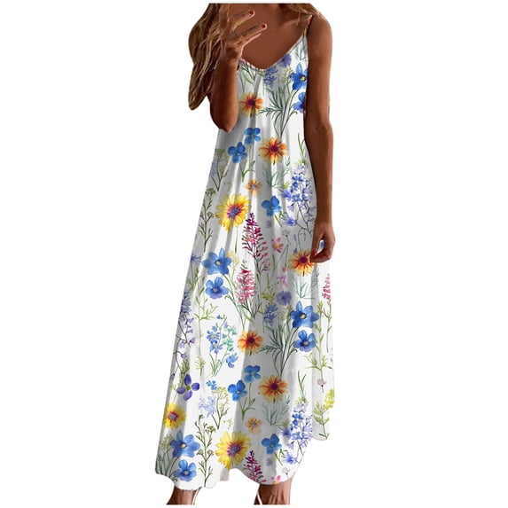 Generic Women's Summer Maxi Dress Casual V-Neck Sleeveless Bohemian Spaghetti Strap Floral Long Maxi Dress