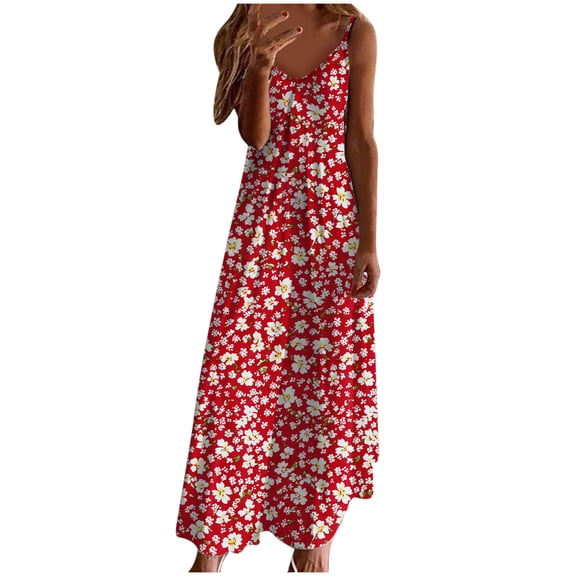 Generic Women's Summer Maxi Dress Casual V-Neck Sleeveless Bohemian Spaghetti Strap Floral Long Maxi Dress