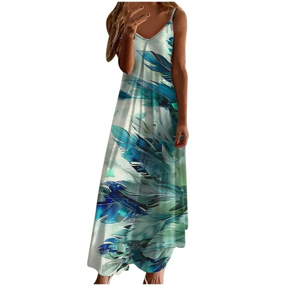 Generic Women's Summer Maxi Dress Casual V-Neck Sleeveless Bohemian Spaghetti Strap Floral Long Maxi Dress
