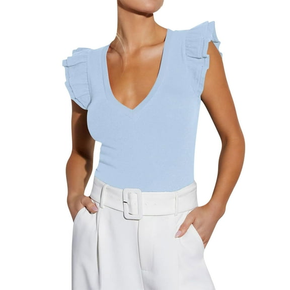 Generic Women's Summer Sleeveless Tops V Neck Ruffle Shirts Knit Ribbed Tank Top Sexy Blouse 2025