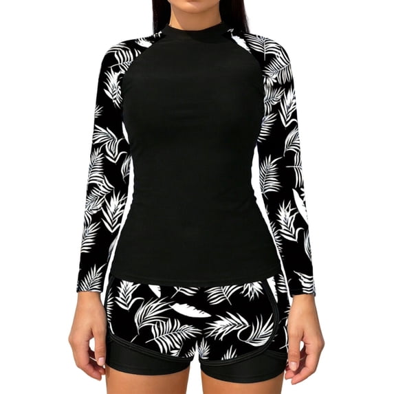 Generic Women's Two Piece Rash Guard Swim Suits Built in Bra Athletic Surfing Long Sleeve Swim Shirts with Boyshorts