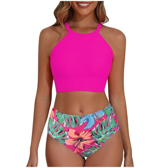 Generic Women's Two Piece Swimsuit Tummy Control Bathing Suits High Neck Crop Top Bikini with Tropical Print High-Waisted Bottom