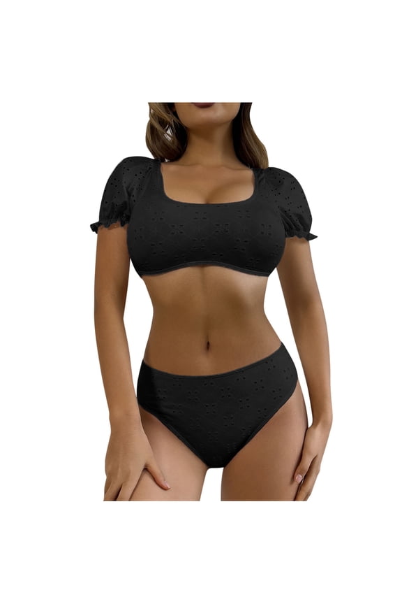 Women's Two Pieces Swimsuit Short Puff Sleeve Bikini Sets Square Neck Crop Tops Bottom Set Summer Eyelet Swimwear