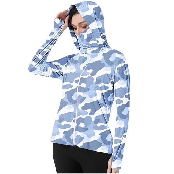 Generic Women's UPF 50+ Camo Hooded Sun Shirt Full Zip Long Sleeve with Face Cover Lightweight Fishing Outdoor Jacket