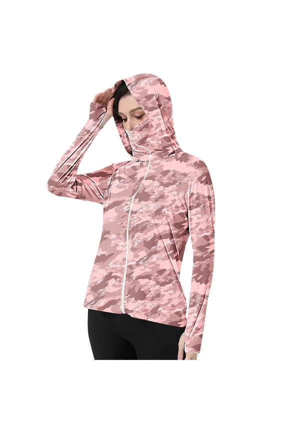Women's UPF 50+ Camo Hooded Sun Shirt Full Zip Long Sleeve with Face Cover Lightweight Fishing Outdoor Jacket