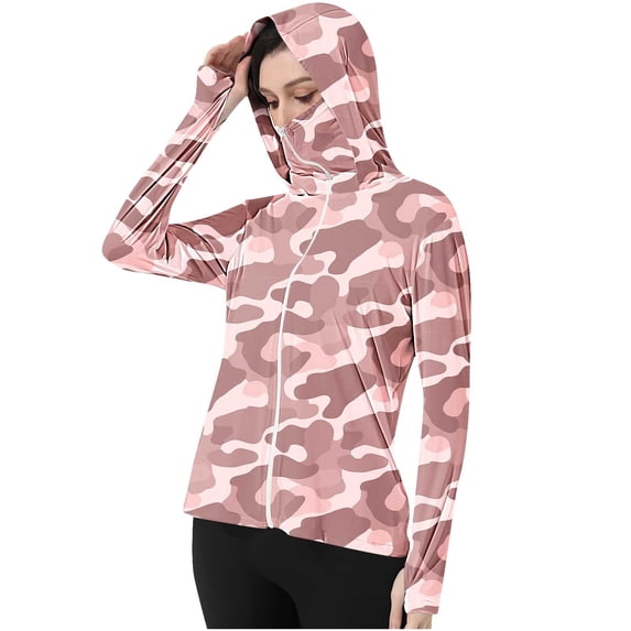 Generic Women's UPF 50+ Camo Hooded Sun Shirt Full Zip Long Sleeve with Face Cover Lightweight Fishing Outdoor Jacket