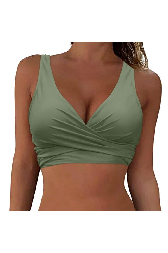 Women's Underwire Bikini Tops Criss Cross Push Up Full Coverage Swim Top Sexy V Neck Bikini Bathing Suit Top Only