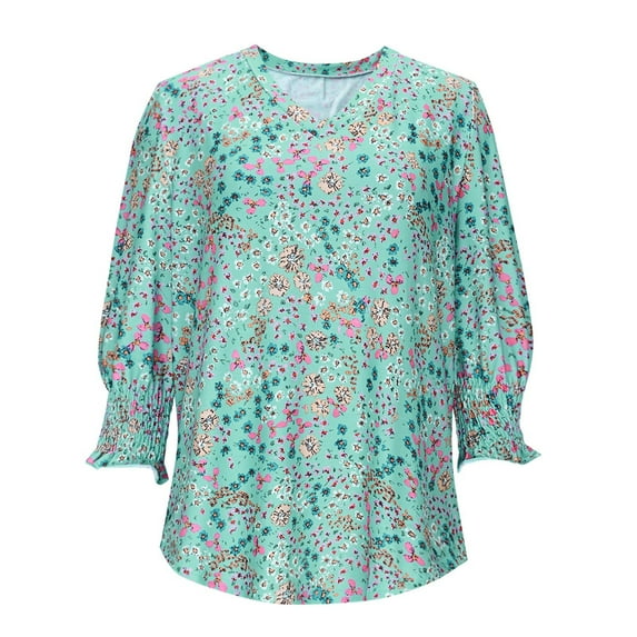 Generic Women's V Neck 3/4 Ruffle Sleeve T-Shirts Dressy Casual Loose Fit Tunic Blouse Tops with Smocked Cuffs