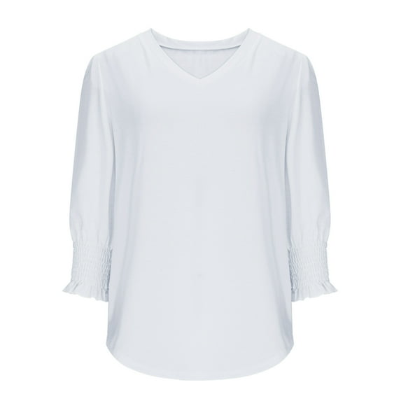 Generic Women's V Neck 3/4 Ruffle Sleeve T-Shirts Dressy Casual Loose Fit Tunic Blouse Tops with Smocked Cuffs