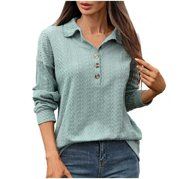 Generic Women's V-Neck Collared Sweater with Buttons Long Sleeve Ribbed Knit Shirt Fall Winter Lightweight Casual Pullover Tops