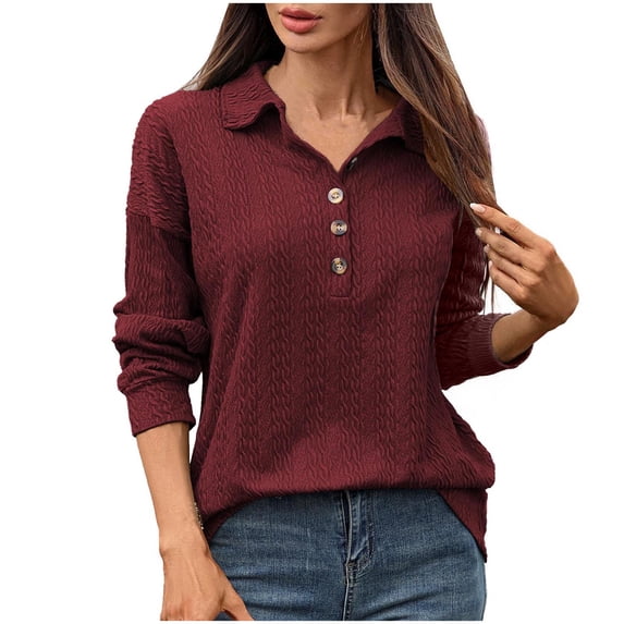Generic Women's V-Neck Collared Sweater with Buttons Long Sleeve Ribbed Knit Shirt Fall Winter Lightweight Casual Pullover Tops