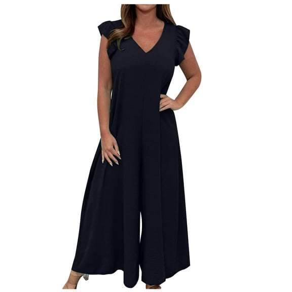 Generic Women's V-Neck Jumpsuit High Waist Short Sleeve Ruffled Loose Long Wide Leg Pants Suit