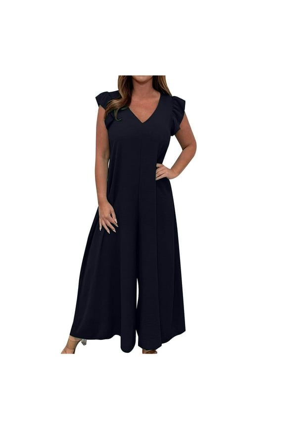 Women's V-Neck Jumpsuit High Waist Short Sleeve Ruffled Loose Long Wide Leg Pants Suit
