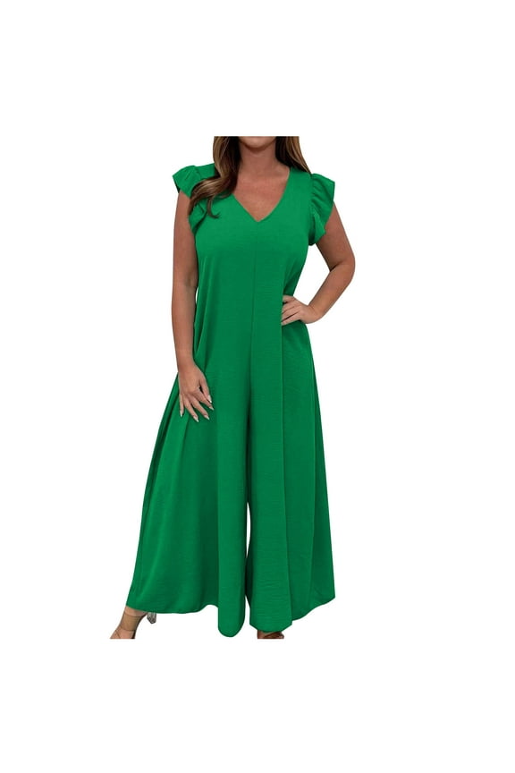 Women's V-Neck Jumpsuit High Waist Short Sleeve Ruffled Loose Long Wide Leg Pants Suit