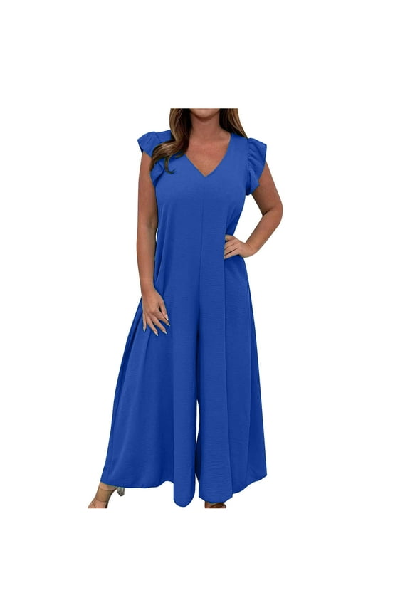 Women's V-Neck Jumpsuit High Waist Short Sleeve Ruffled Loose Long Wide Leg Pants Suit
