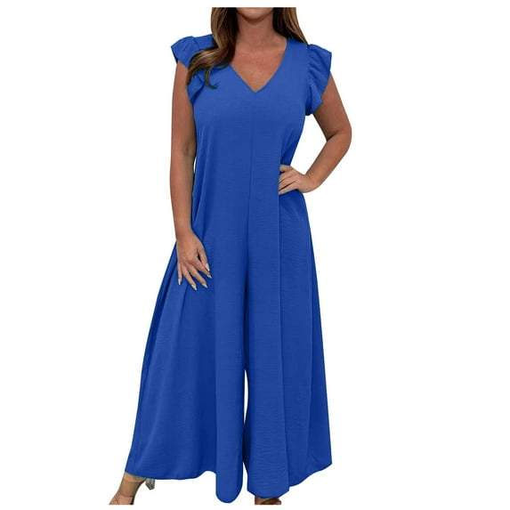 Generic Women's V-Neck Jumpsuit High Waist Short Sleeve Ruffled Loose Long Wide Leg Pants Suit