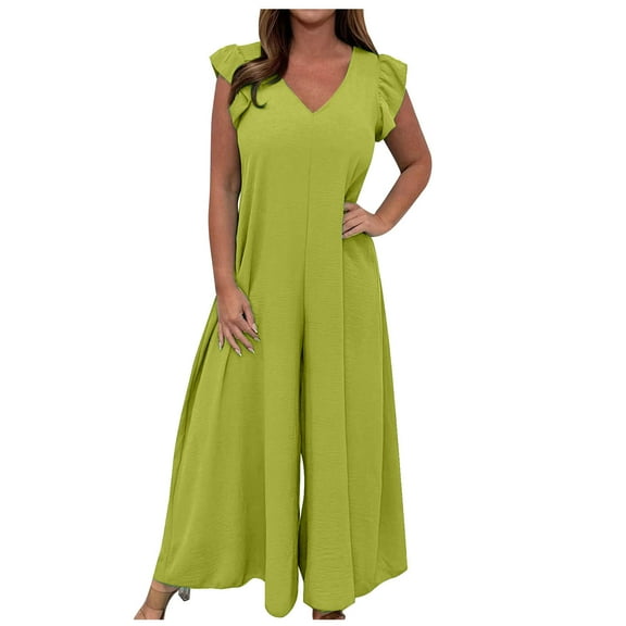 Generic Women's V-Neck Jumpsuit High Waist Short Sleeve Ruffled Loose Long Wide Leg Pants Suit