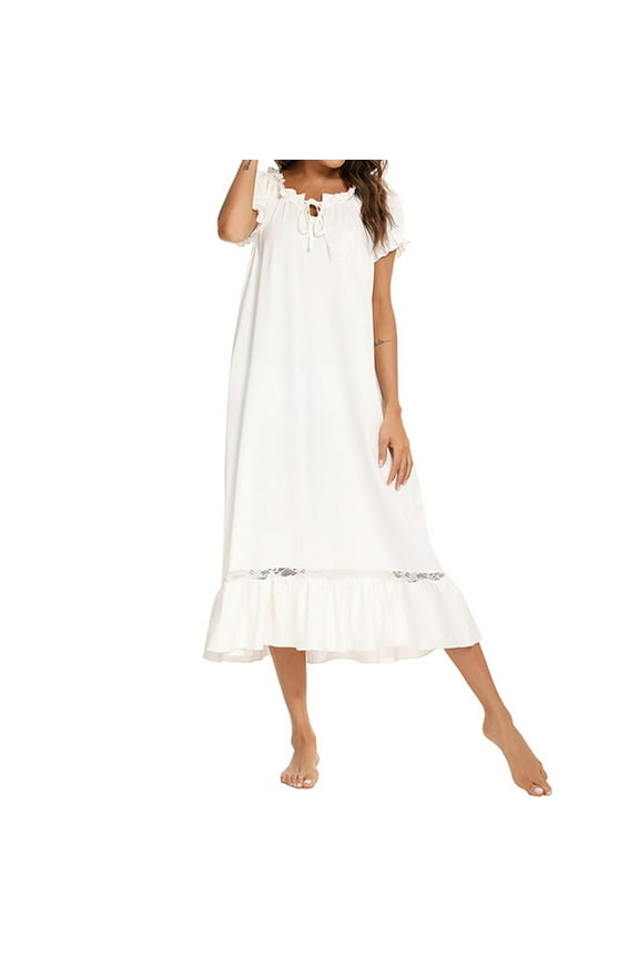 Women's Victorian Nightgown Cotton Sleepwear Long Loungewear Short Sleeve Vintage Nightdress