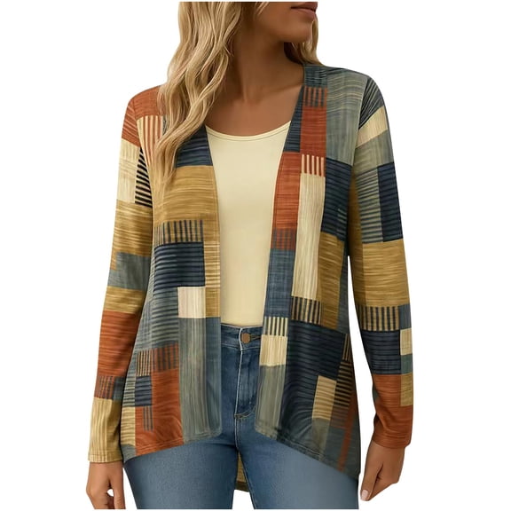 Generic Women's Vintage Color Block Cardigan Long Sleeve Open Front Loose 2026 Fall Winter Casual Outerwear Jackets