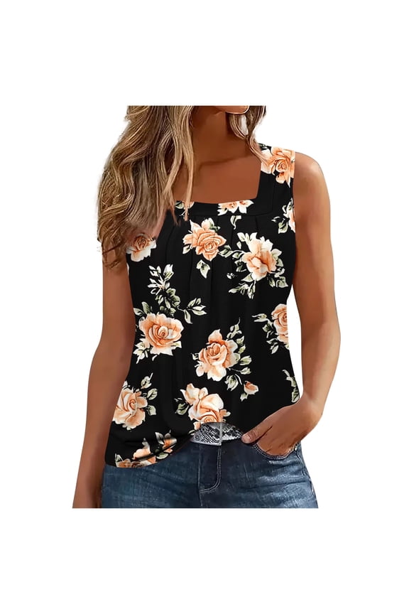 Women's Vintage Floral Print Camisole Sexy Square Neck Sleeveless T Shirts Summer Casual Loose Travel Vacation Tank Tops