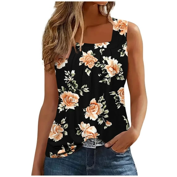 Generic Women's Vintage Floral Print Camisole Sexy Square Neck Sleeveless T Shirts Summer Casual Loose Travel Vacation Tank Tops