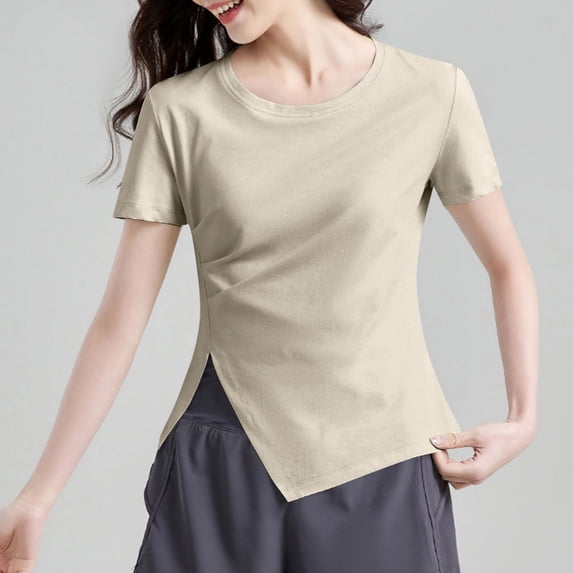 Generic Women's Workout T-Shirt Round Neck Short Sleeve Tops Breathable Slim Fit Versatile Short Tee Shirts with Side Slits