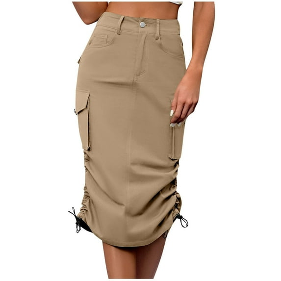 Generic Women's Y2K High Waisted Denim Skirts Trendy Casual Elastic Waist Drawstring Hem Midi Skirts Streetwear with Pockets