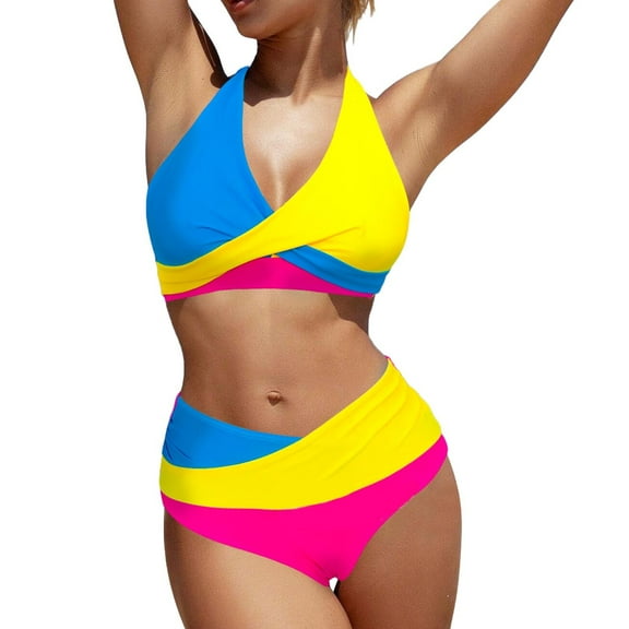 Generic Womens 2 Piece Bikini Sets Twist-Knot Halter Neck Color Block Swimsuit High Waisted Thong Modest Bathing Suit