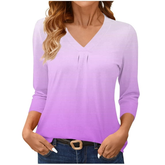 Generic Womens 3/4 Length Sleeve Tops Loose Fit Soft V Neck Trendy Gradient Color Business Casual Beach Oversize T Shirts