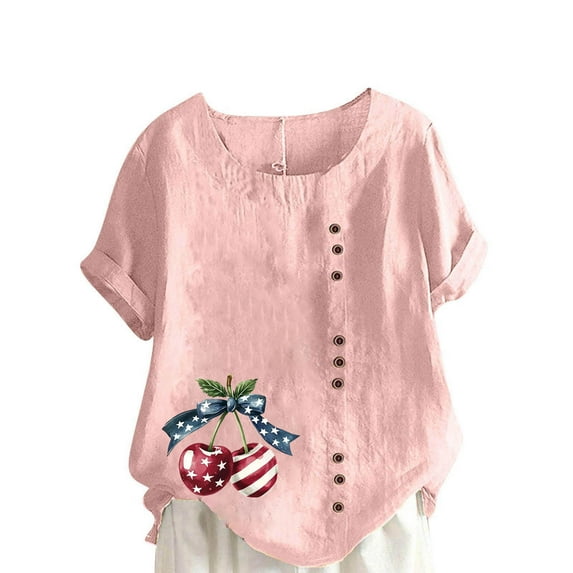 Generic Womens 4th of July Linen Shirts American Flag Print Tops Summer Short Sleeve Patriotic Button Loose Tshirt