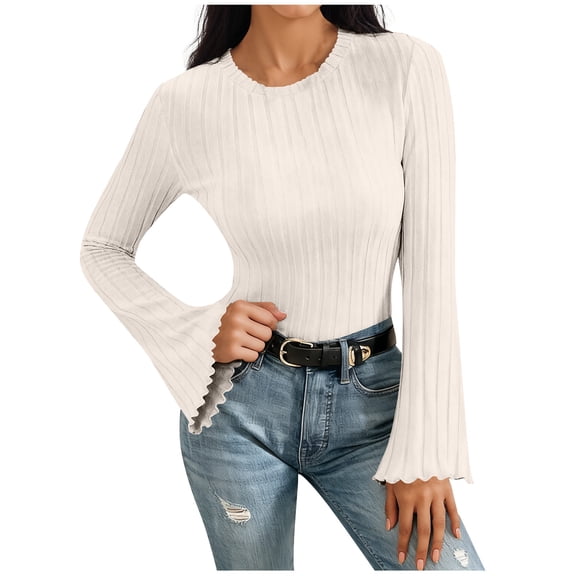 Generic Womens Bell Sleeve Knit Tops Lightweight Fall Trendy Crew Neck Ribbed Knit Top Solid Color Casual Slim Fit Tops
