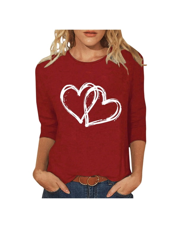 Womens Boat Neck Tshirts Valentines Tops Tee for Women 3/4 Sleeve Loose Fit Oversized Thin Shirts