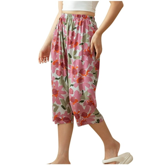 Generic Womens Capri Pant Summer Casual Floral Printed Wide Leg Capris Summer Comfy Casual Loose Pajama Pants