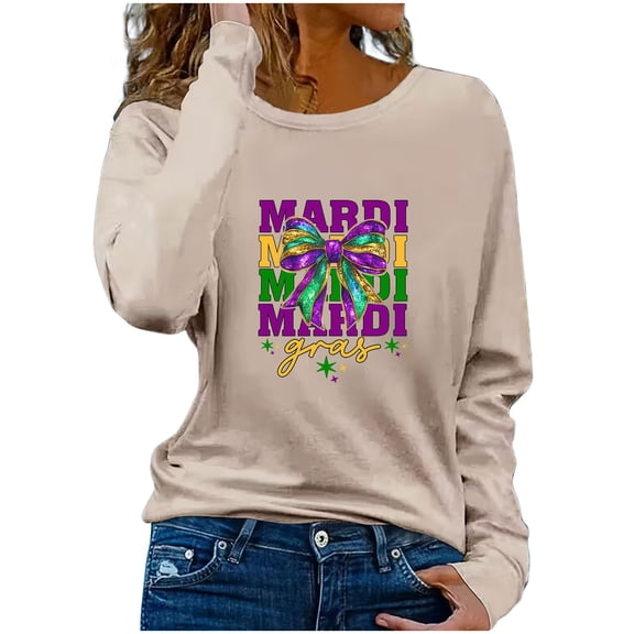 Generic Womens Carnival Pullover Sweatshirt Casual Crewneck Long Sleeve Shirts Funny Mardi Bow Graphic Top
