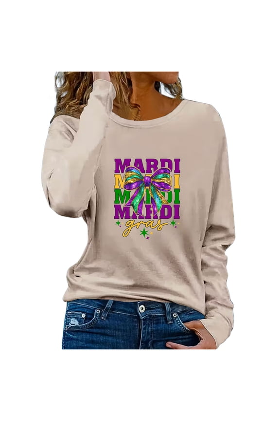 Womens Carnival Pullover Sweatshirt Casual Crewneck Long Sleeve Shirts Funny Mardi Bow Graphic Top
