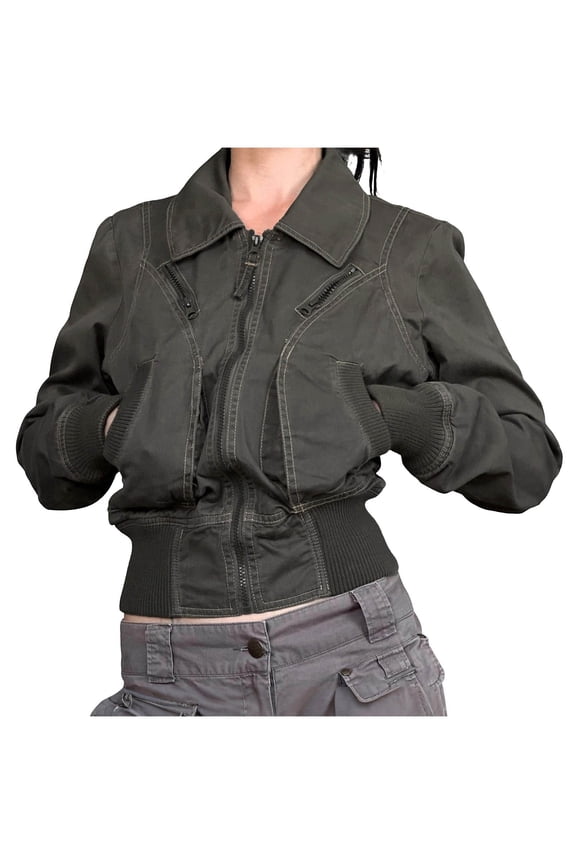 Womens Casual Crop Tops Jacket Zipper Retro Lightweight Lapel Jacket Zipper Waist Cinching Short Jacket