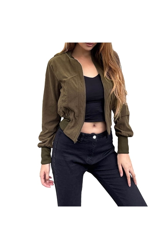 Womens Casual Crop Tops Jacket Zipper Retro Lightweight Lapel Jacket Zipper Waist Cinching Short Jacket