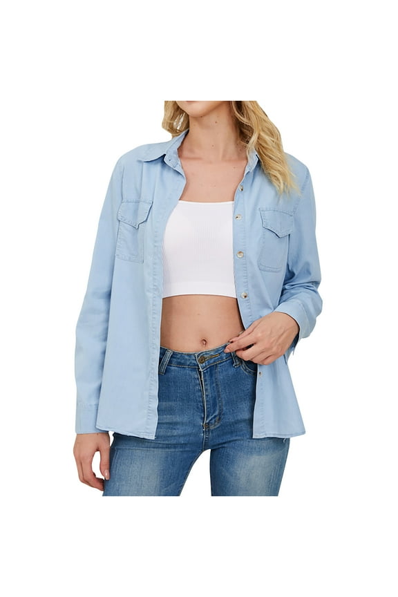 Womens Casual Denim Shirts Coats Light Thin Fall Long Sleeve Button down Shacket Classic Loose Fit Chambray Outerwear
