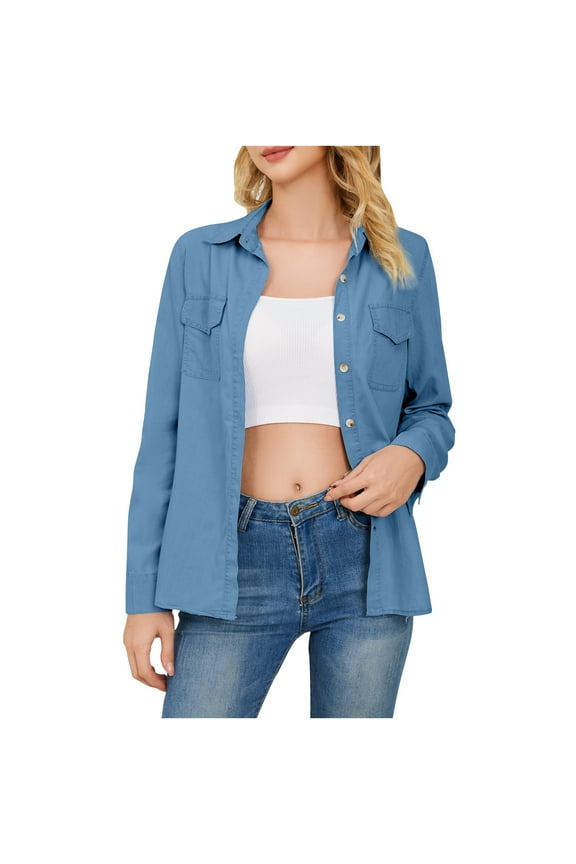 Womens Casual Denim Shirts Coats Light Thin Fall Long Sleeve Button down Shacket Classic Loose Fit Chambray Outerwear