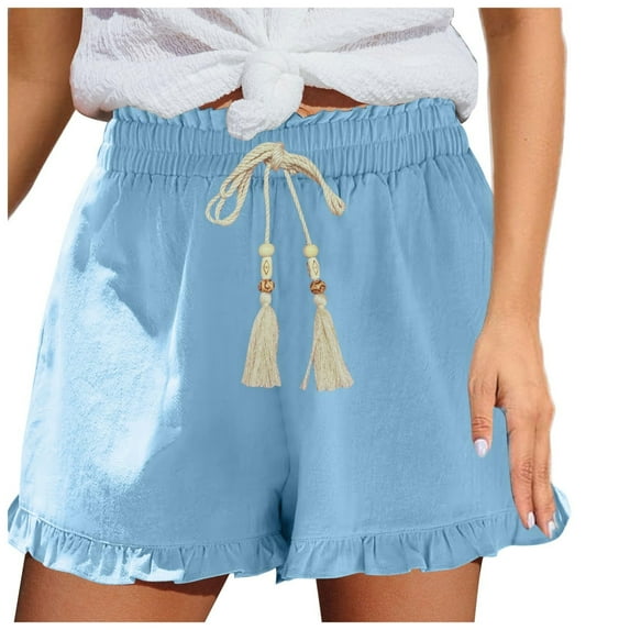 Generic Womens Casual Shorts Pleated Elastic Waist Fringe Drawstring Ruffle Short Solid Color Loose Wide Leg Summer Shorts